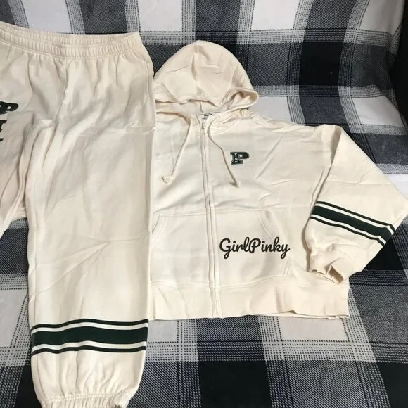 VS PINK SWEATPANTS OUTFIT & FULL ZIP IN WHITE SHELL & DARK FOREST GREEN L XL XXL - Picture 7 of 11